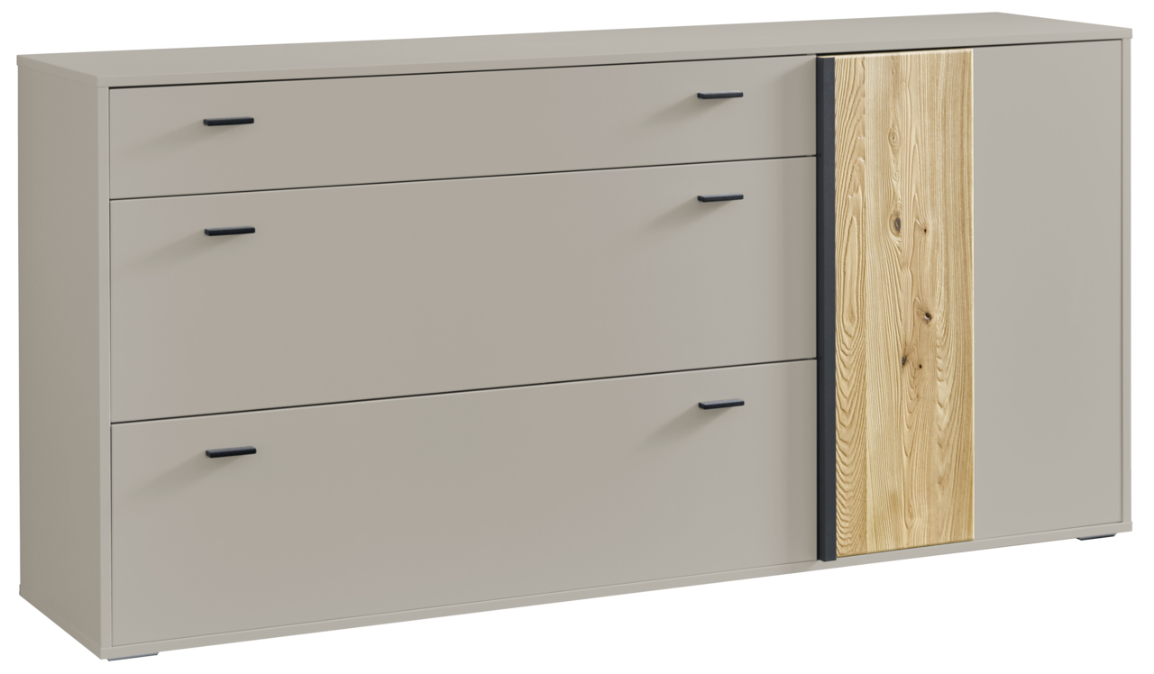 Modernes Sideboard in Beige mit drei Schubladen und einer Holztür, seitliche Perspektive