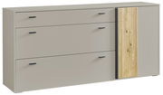 Modernes Sideboard in Beige mit drei Schubladen und einer Holztür, seitliche Perspektive