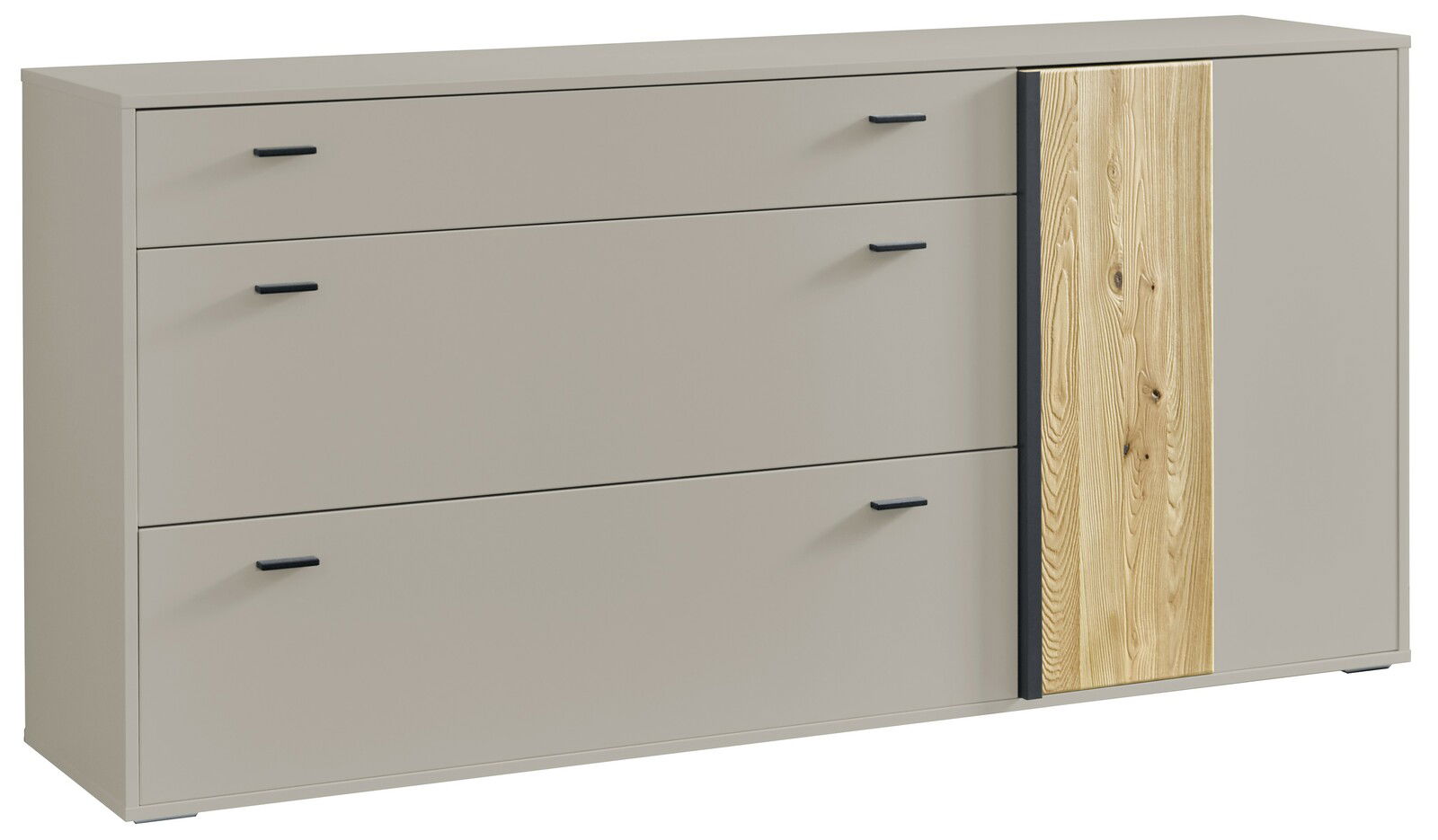 Modernes Sideboard in Beige mit drei Schubladen und einer Holztür, seitliche Perspektive