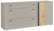 Modern dressoir in beige met drie lades en een houten deur, zijaanzicht