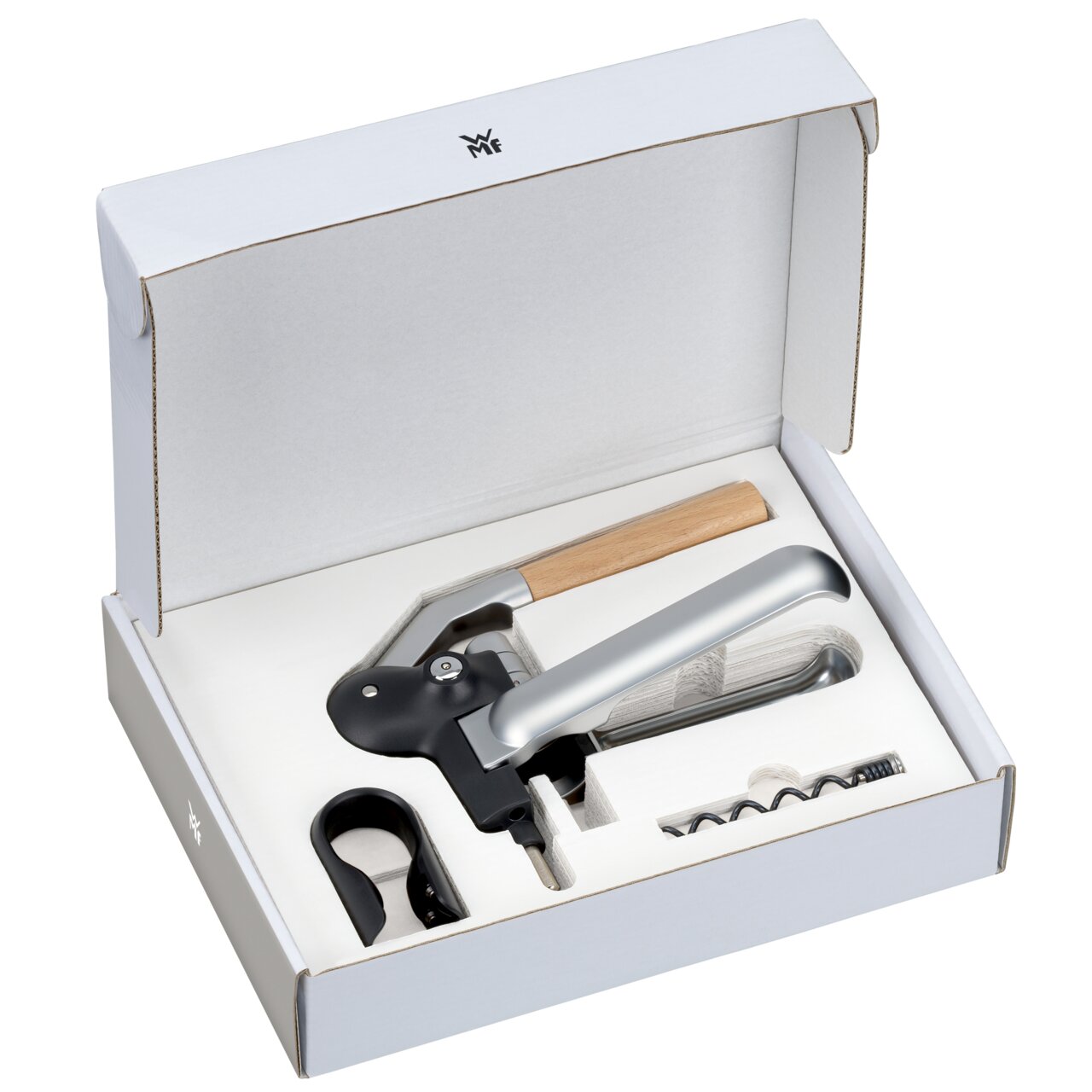 Hebelkorkenzieher-Set von WMF in geöffneter Verpackung, Ansicht von oben