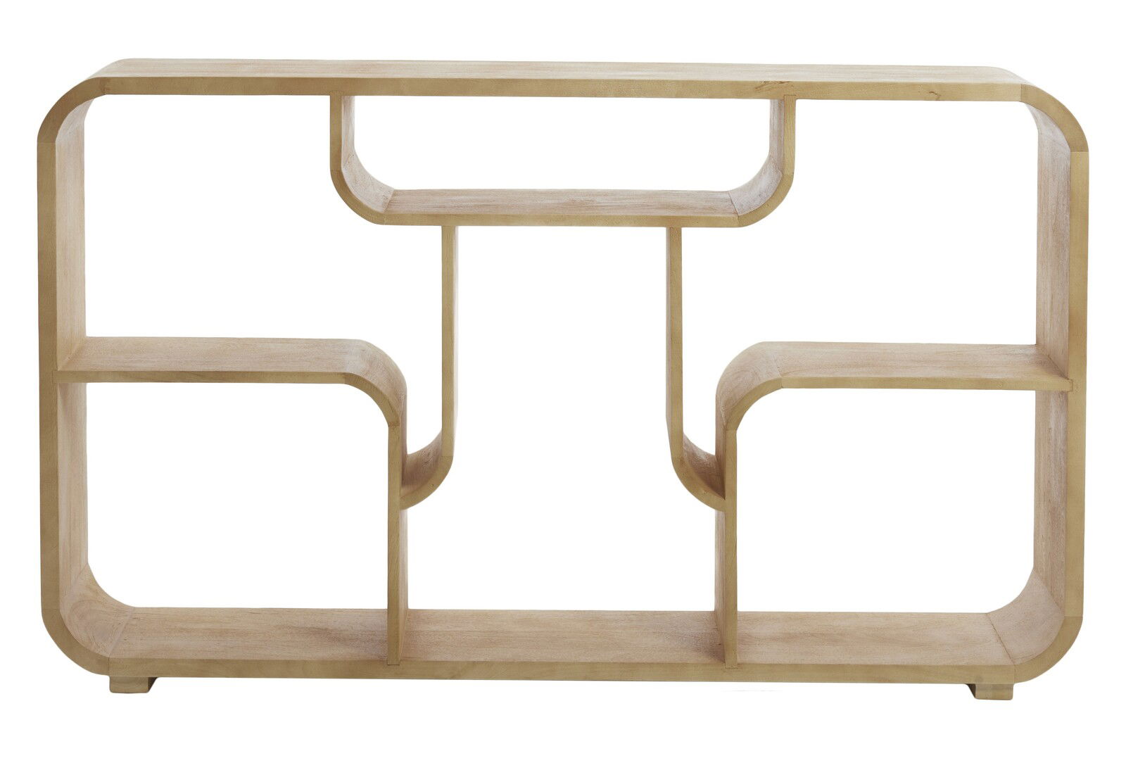 Modernes Standregal aus hellem Holz mit geschwungenen Regalböden, frontal betrachtet.