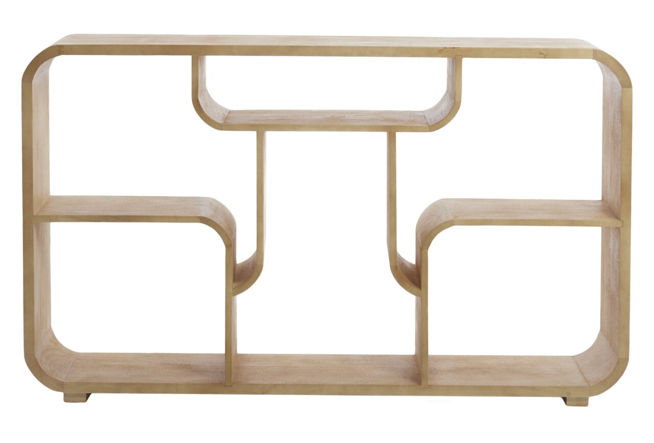 Modernes Standregal aus hellem Holz mit geschwungenen Regalböden, frontal betrachtet.