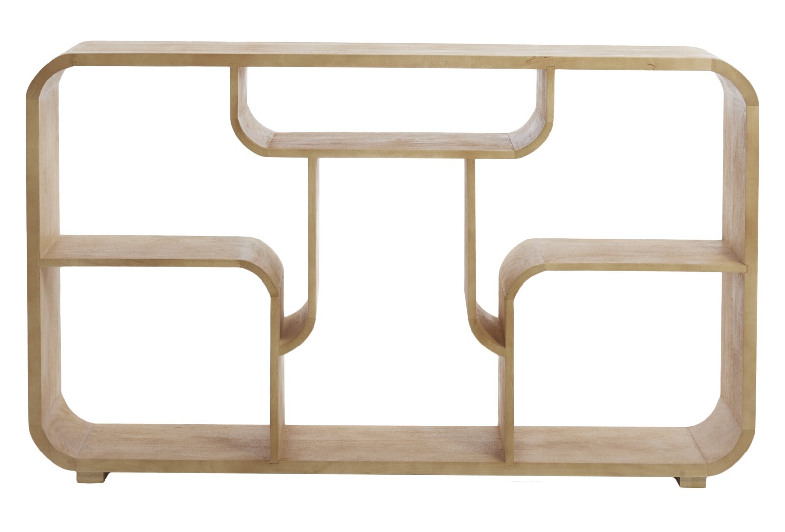 Modernes Standregal aus hellem Holz mit geschwungenen Regalböden, frontal betrachtet.