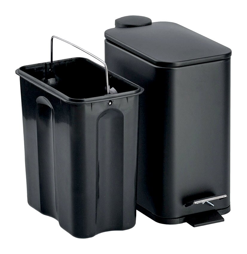 Zeller Present Treteimer Soft Close 5l Schwarzer Treteimer mit 5 Litern Fassungsvermögen, Soft-Close-Mechanismus, seitliche Perspektive mit herausgenommenem Inneneimer.