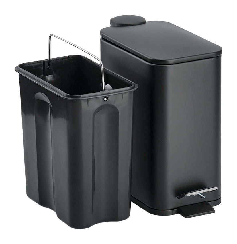 Schwarzer Treteimer mit 5 Litern Fassungsvermögen, Soft-Close-Mechanismus, seitliche Perspektive mit herausgenommenem Inneneimer.