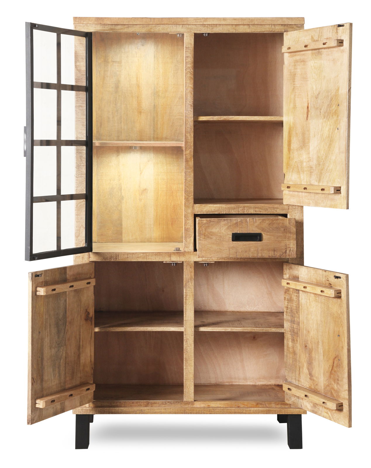 Offener Vitrinenschrank aus Holz mit mehreren Fächern und einer Schublade, frontal betrachtet.