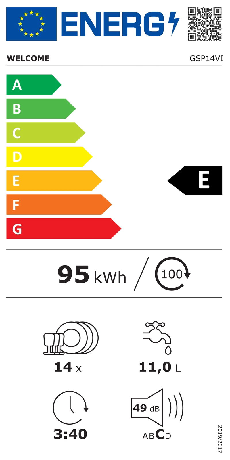 Energieeffizienzklasse E für Geschirrspüler, 95 kWh Energieverbrauch, 14 Maßgedecke, 11,0 Liter Wasserverbrauch, 3:40 Stunden Laufzeit, 49 dB Lautstärke. Frontalansicht.