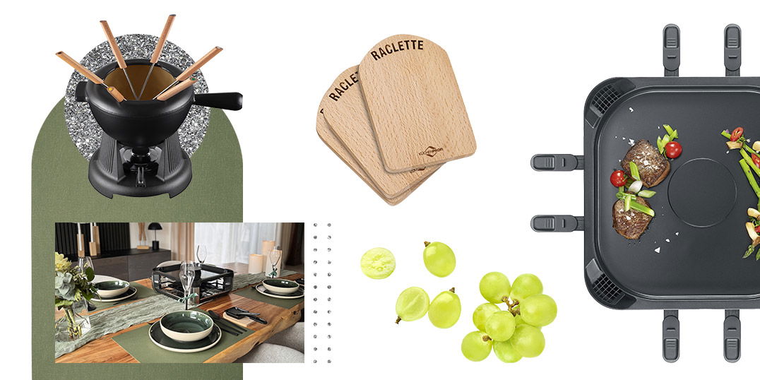 Fondue-Set, Raclettepfännchen, Holzbretter, Trauben und ein gedeckter Tisch in Grün, kombiniert zu einem Silvester-Moodboard mit kulinarischem Fokus.