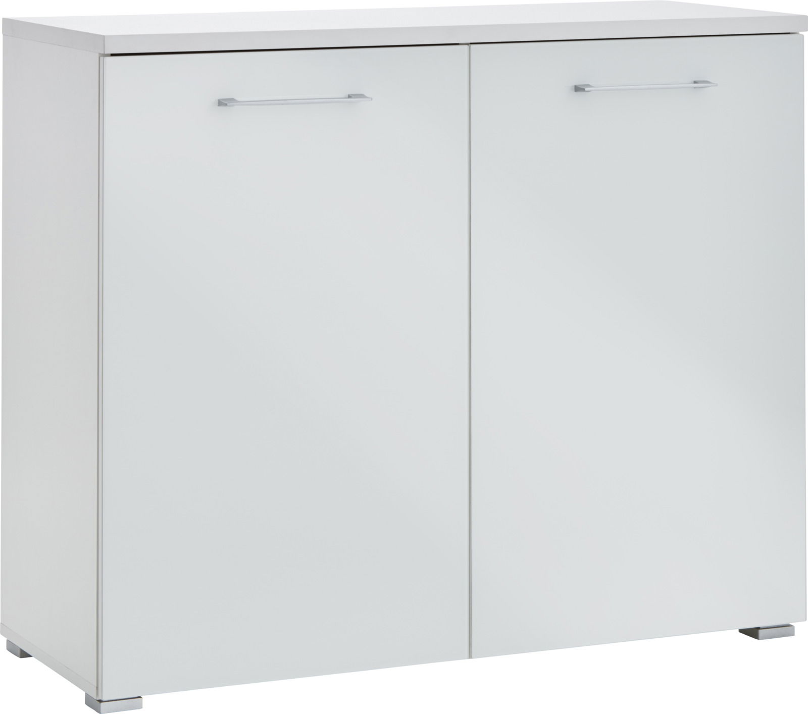 Weißes Sideboard mit zwei Türen und silbernen Griffen, frontal abgebildet.