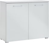 Weißes Sideboard mit zwei Türen und silbernen Griffen, frontal abgebildet.