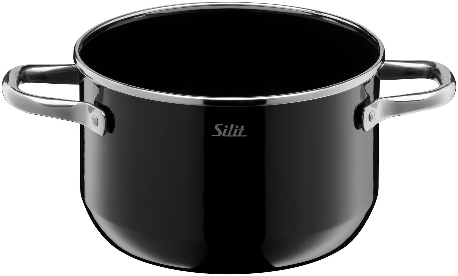 Schwarzer Kochtopf mit silbernen Griffen, seitliche Perspektive