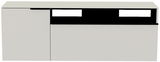 Frontansicht eines modernen Hänge-Lowboards in Weiß mit schwarzen Akzenten.