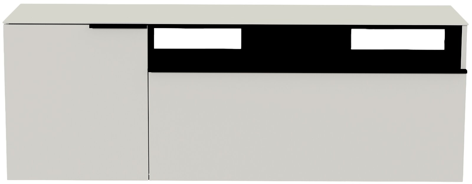Moderano Hänge-Lowboard BORMIO Frontansicht eines modernen Hänge-Lowboards in Weiß mit schwarzen Akzenten.