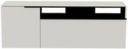 Frontansicht eines modernen Hänge-Lowboards in Weiß mit schwarzen Akzenten.
