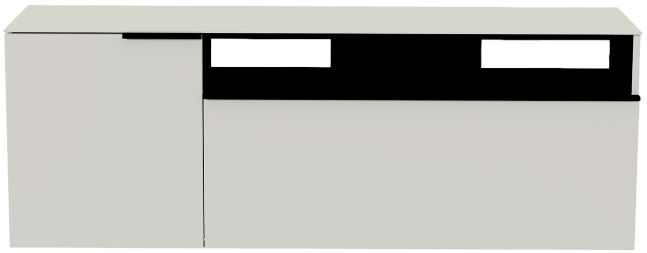Frontansicht eines modernen Hänge-Lowboards in Weiß mit schwarzen Akzenten.