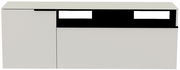 Frontansicht eines modernen Hänge-Lowboards in Weiß mit schwarzen Akzenten.