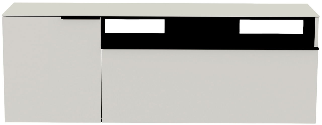 Frontansicht eines modernen Hänge-Lowboards in Weiß mit schwarzen Akzenten.