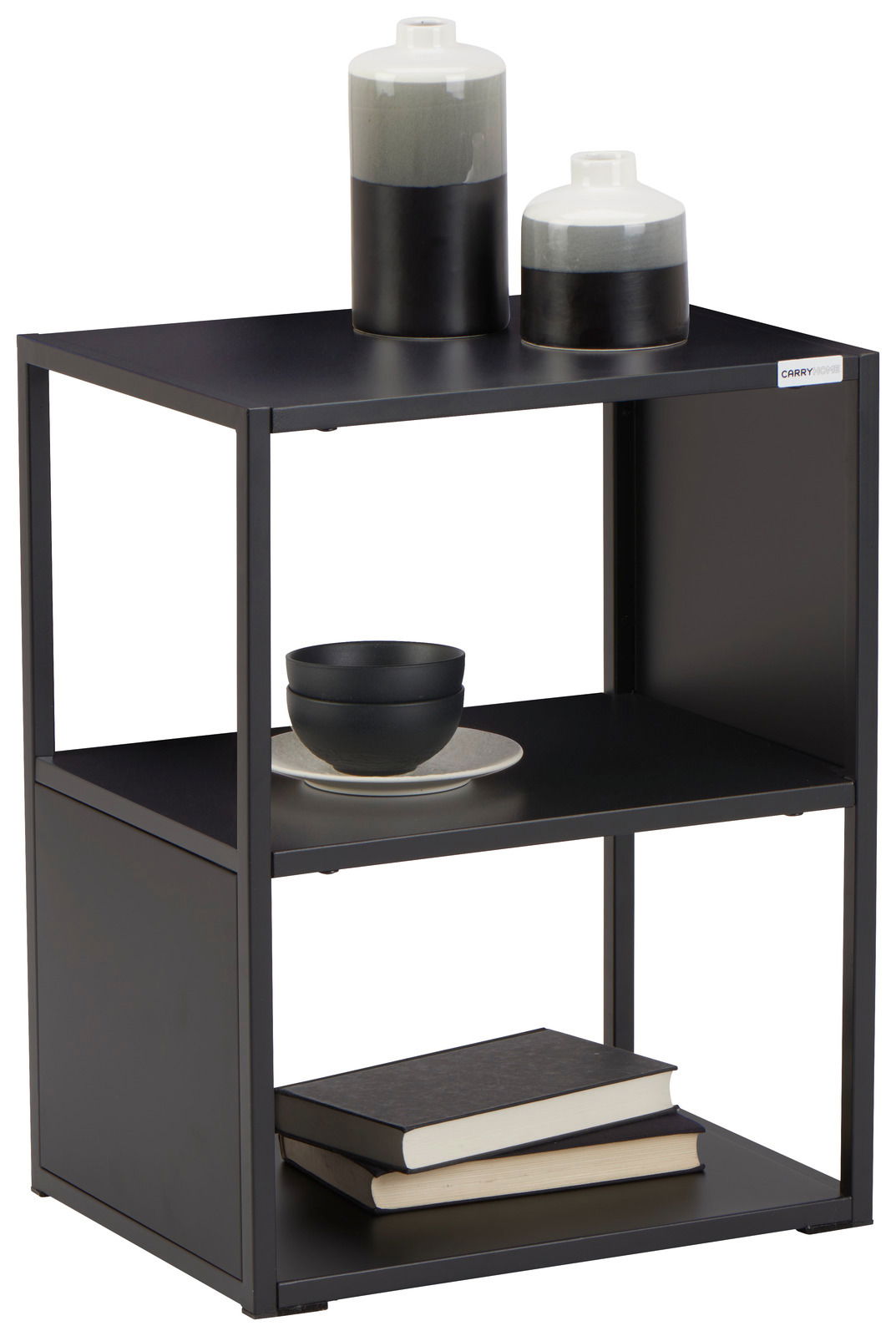 Moderner Beistelltisch aus schwarzem Metall mit zwei Regalböden, dekoriert mit Keramikvasen, Schalen und Büchern, seitliche Perspektive