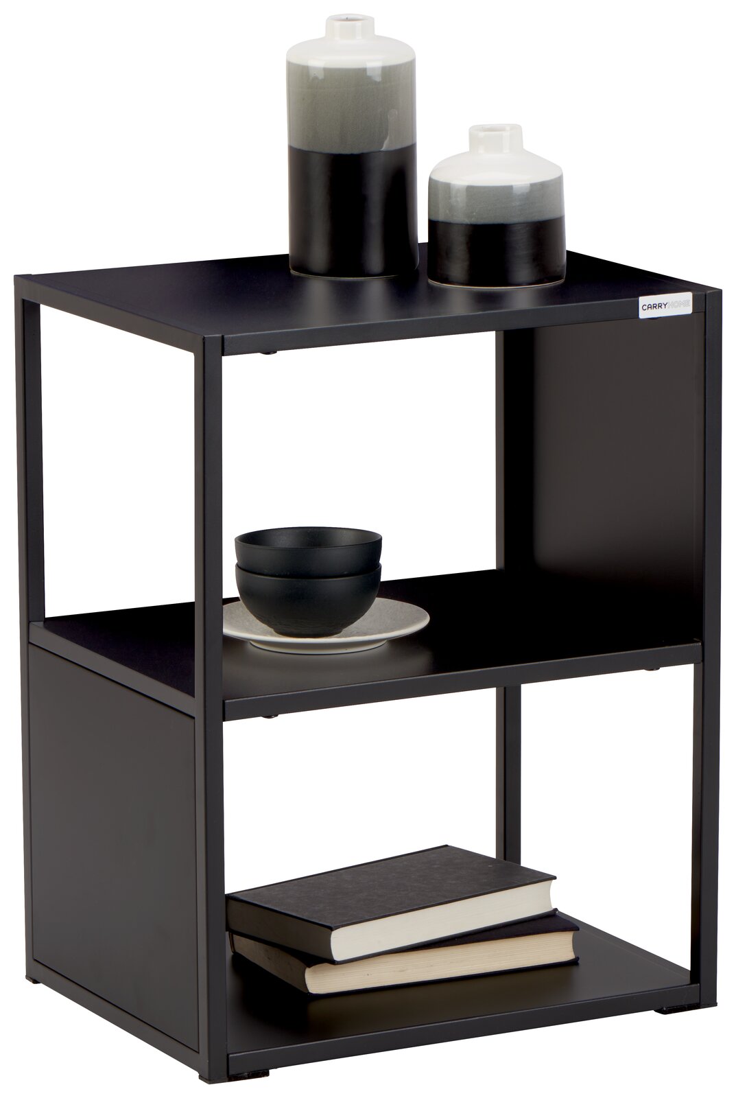 Carryhome Beistelltisch ERIK Moderner Beistelltisch aus schwarzem Metall mit zwei Regalböden, dekoriert mit Keramikvasen, Schalen und Büchern, seitliche Perspektive