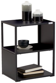 Moderner Beistelltisch aus schwarzem Metall mit zwei Regalböden, dekoriert mit Keramikvasen, Schalen und Büchern, seitliche Perspektive