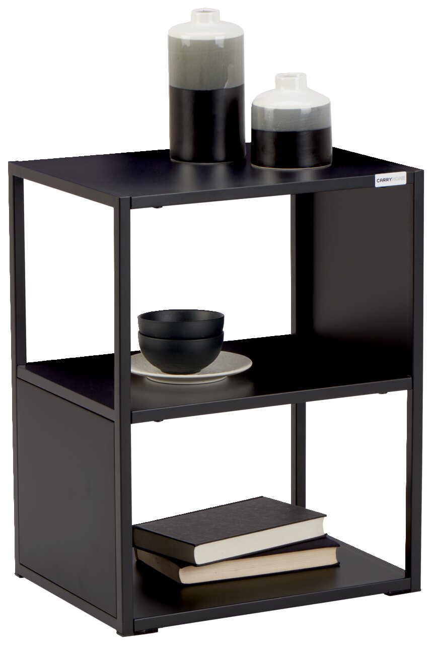 Moderner Beistelltisch aus schwarzem Metall mit zwei Regalböden, dekoriert mit Keramikvasen, Schalen und Büchern, seitliche Perspektive