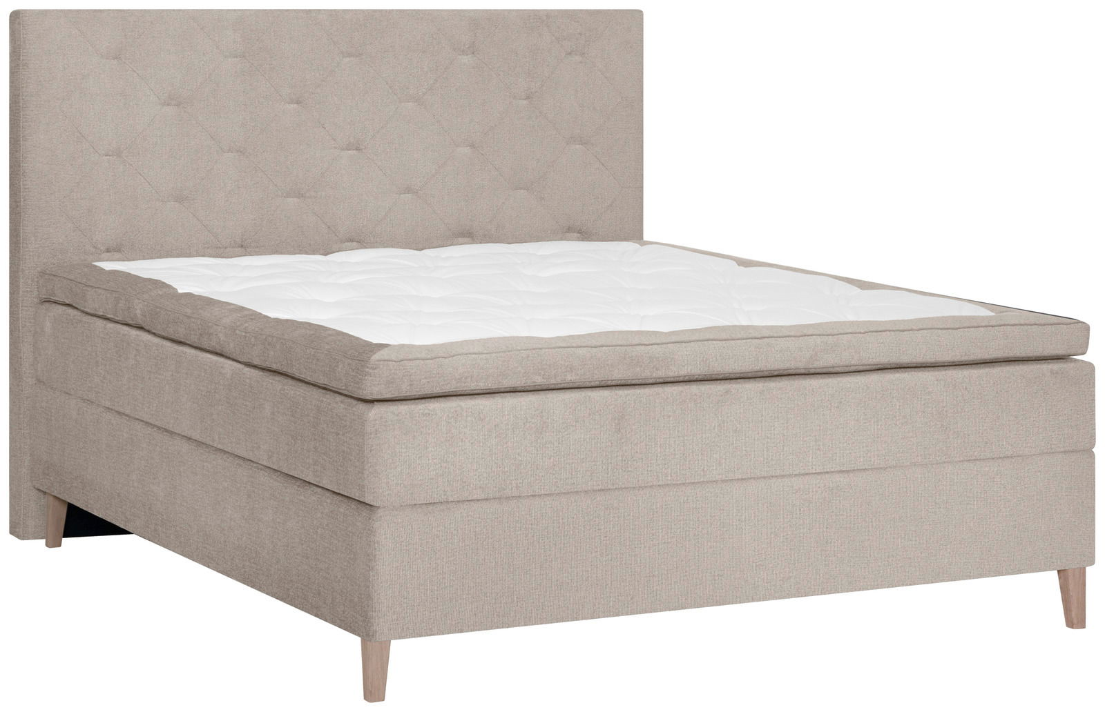 Beiges Boxspringbett mit gestepptem Kopfteil, seitliche Perspektive