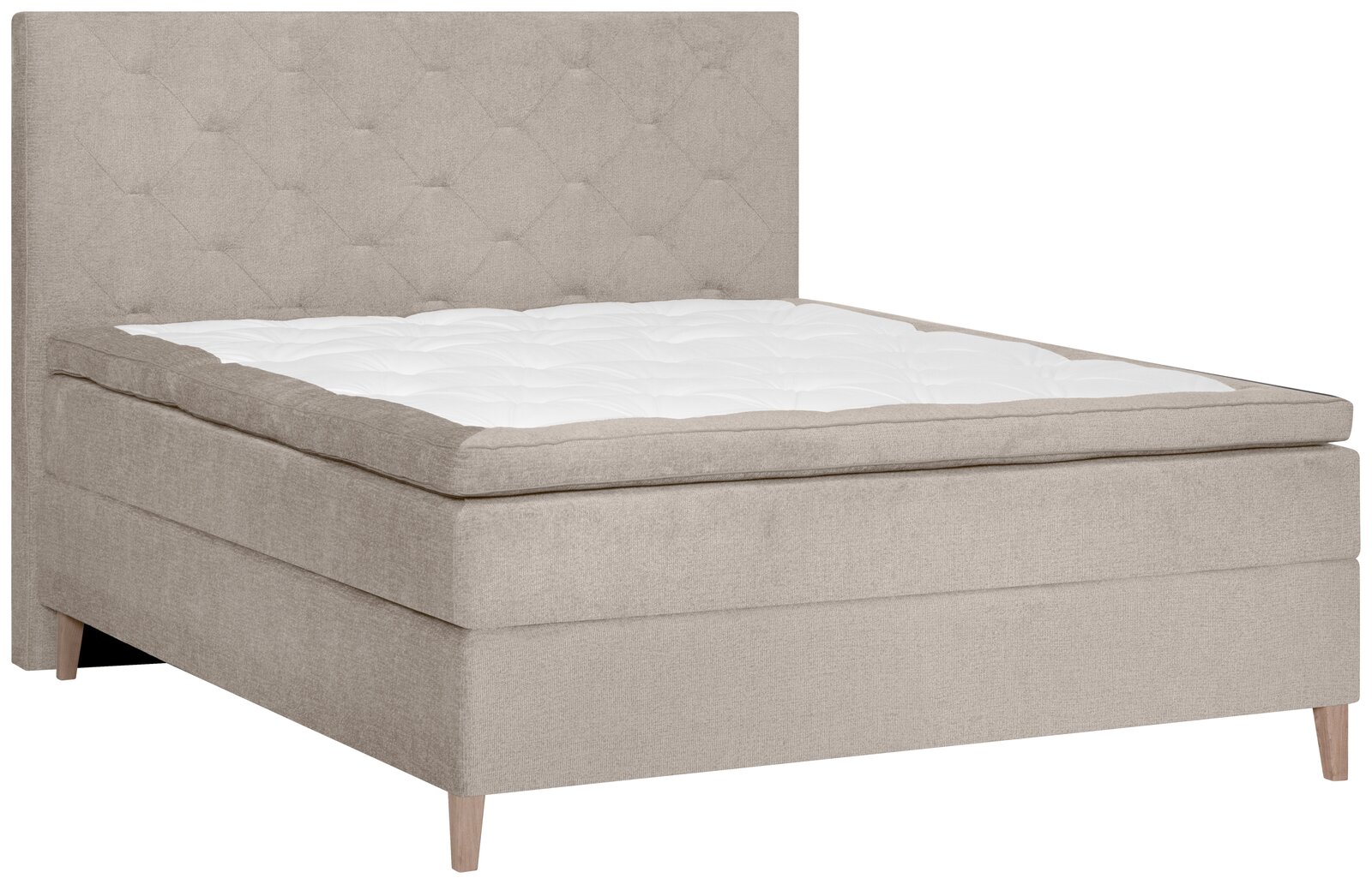 Beiges Boxspringbett mit gestepptem Kopfteil, seitliche Perspektive