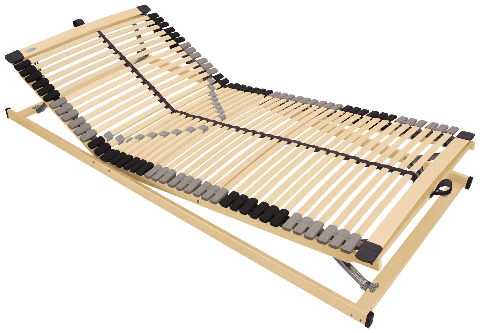 Z2 Lattenrost CLASSIK L4400KF Seitliche Perspektive auf einen verstellbaren Lattenrost mit Holzleisten und schwarzen sowie grauen Kunststoffelementen.