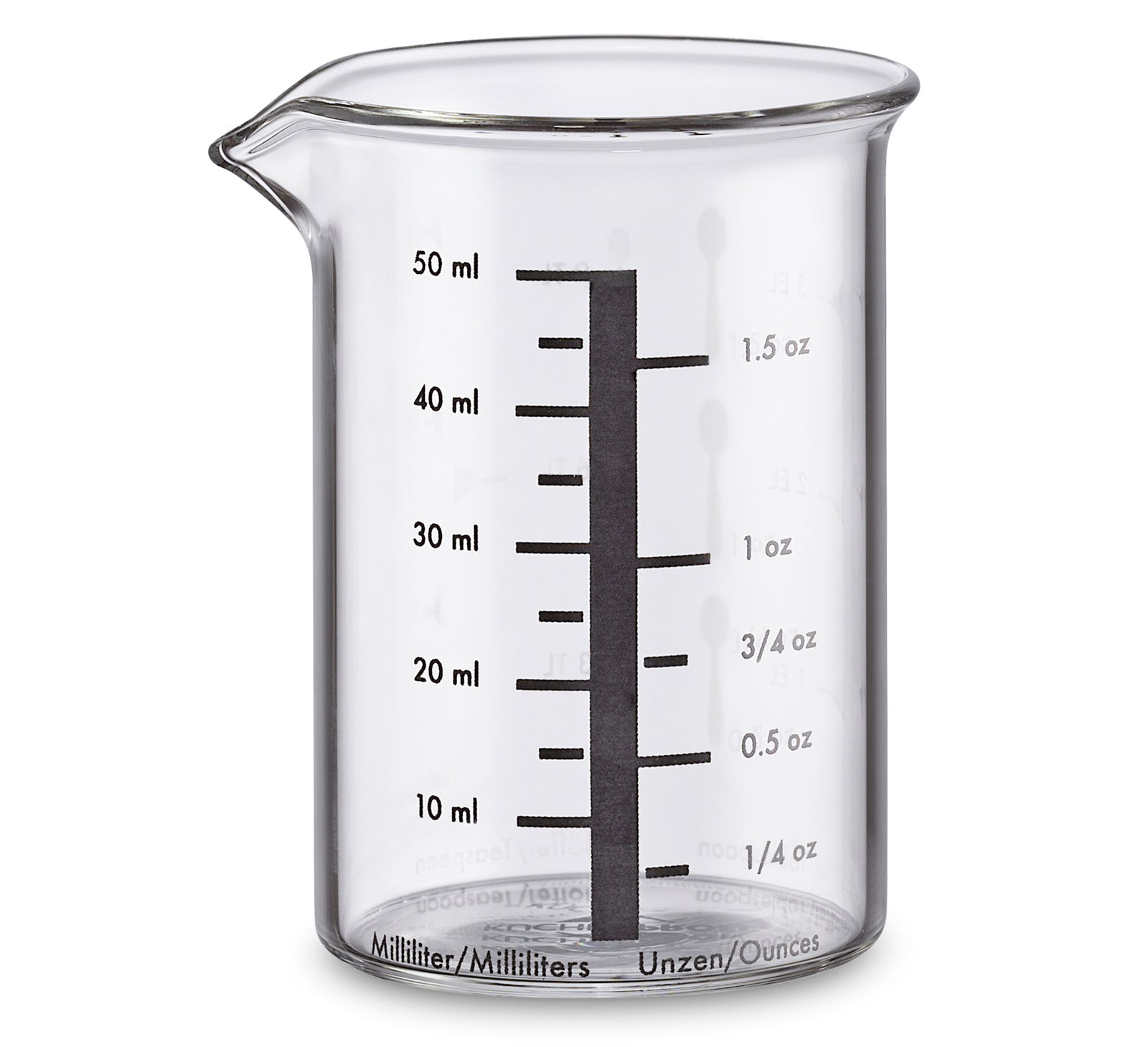 Glas-Messbecher mit 50 ml Kapazität, seitliche Ansicht mit Skala in Millilitern und Unzen.