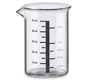 Glas-Messbecher mit 50 ml Kapazität, seitliche Ansicht mit Skala in Millilitern und Unzen.