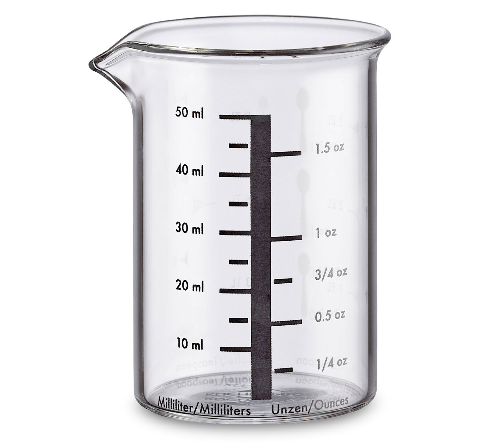 Glas-Messbecher mit 50 ml Kapazität, seitliche Ansicht mit Skala in Millilitern und Unzen.