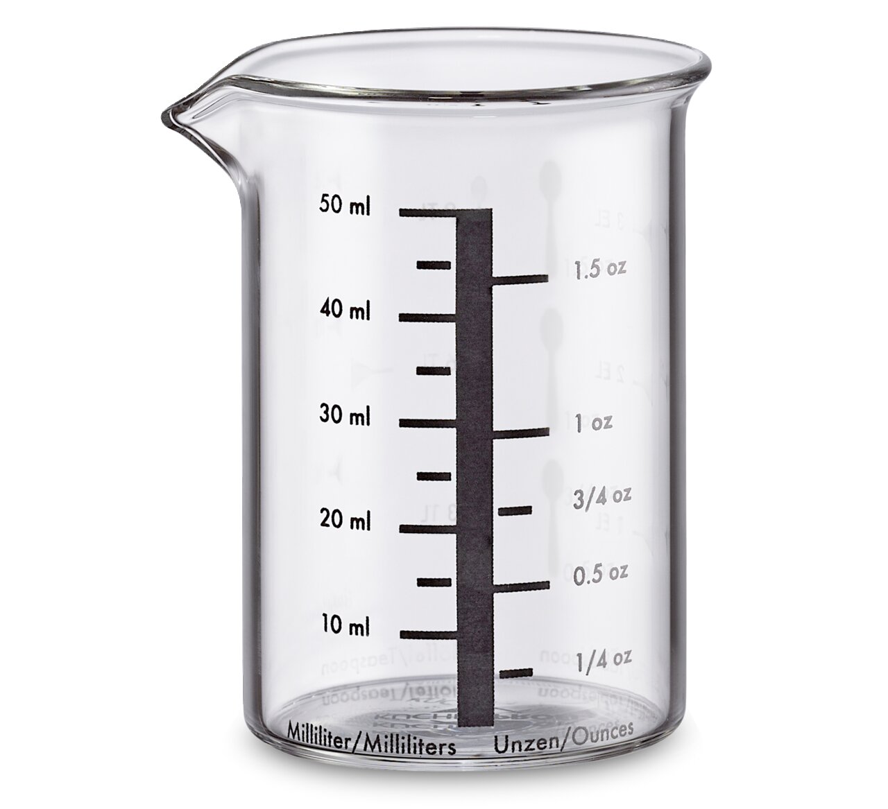 Glas-Messbecher mit 50 ml Kapazität, seitliche Ansicht mit Skala in Millilitern und Unzen.