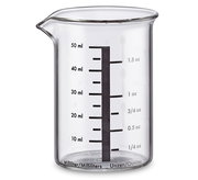 Glas-Messbecher mit 50 ml Kapazität, seitliche Ansicht mit Skala in Millilitern und Unzen.