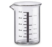 Glas-Messbecher mit 50 ml Kapazität, seitliche Ansicht mit Skala in Millilitern und Unzen.