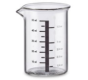 Glas-Messbecher mit 50 ml Kapazität, seitliche Ansicht mit Skala in Millilitern und Unzen.