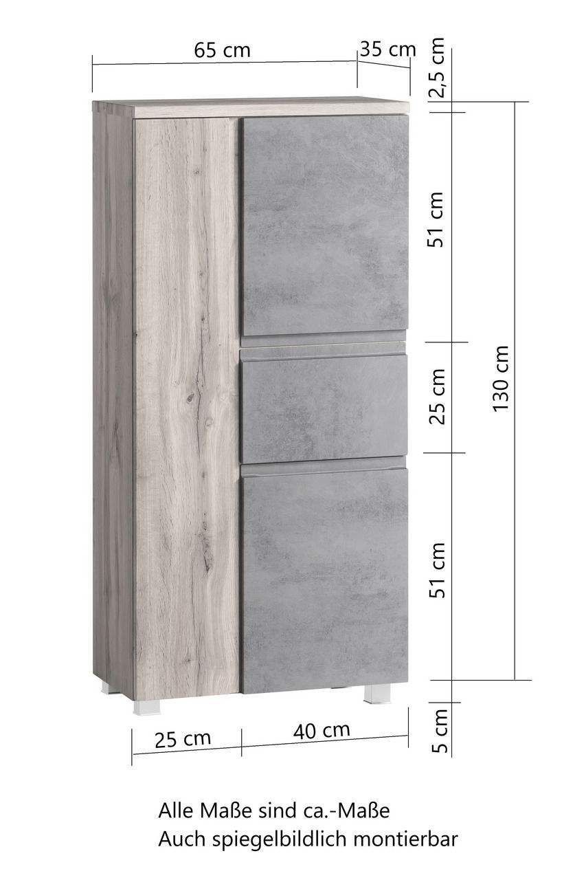 Midischrank 65 cm in Holzoptik mit grauen Fronten, seitliche Perspektive