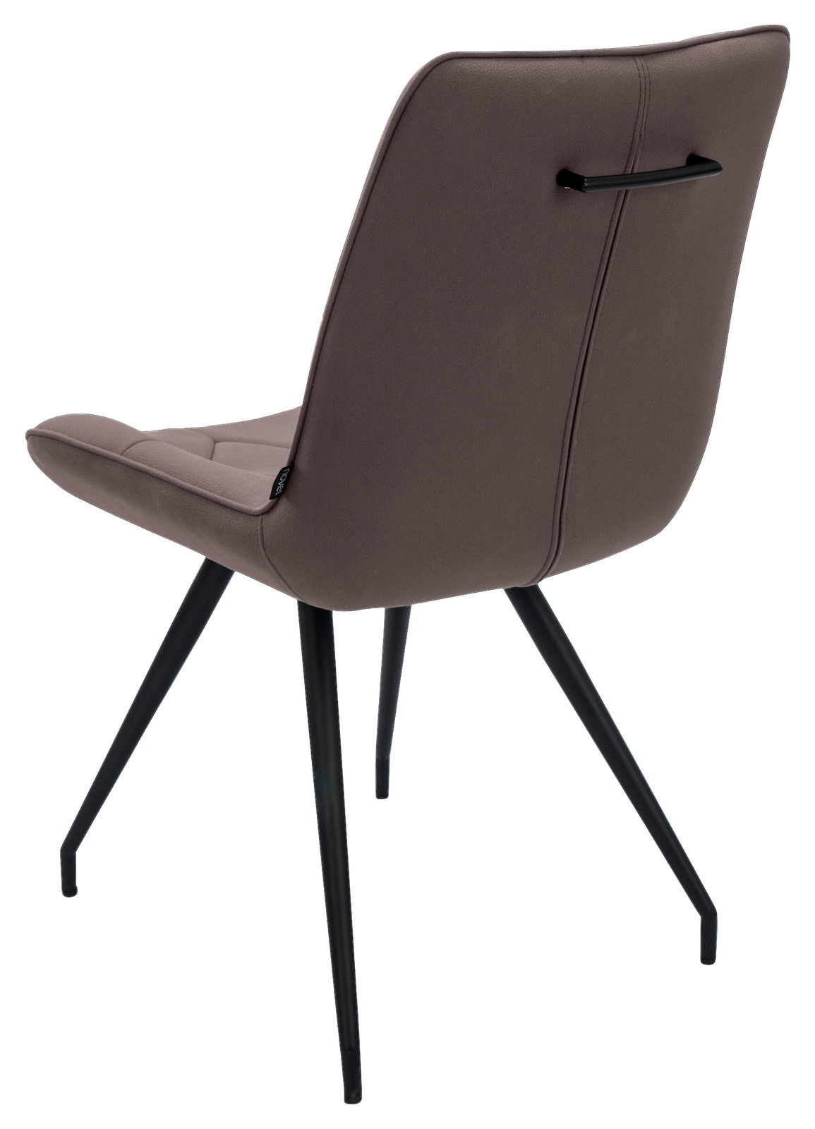 Rückansicht eines modernen Stuhls mit braunem Polster und schwarzen Metallbeinen