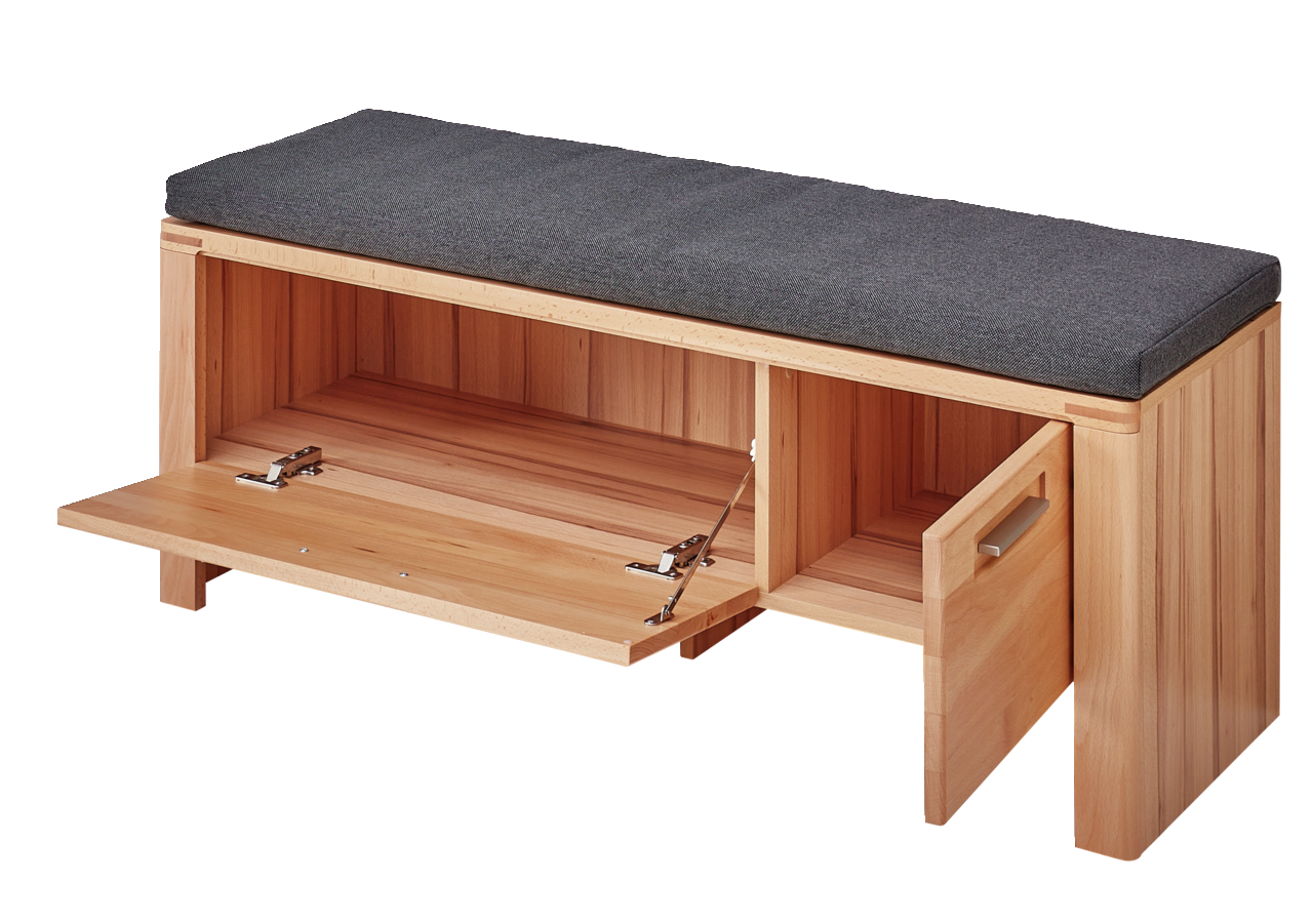 XL-Garderobenbank aus Holz mit grauem Polster, offene Frontansicht mit sichtbarem Stauraum