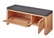 XL-Garderobenbank aus Holz mit grauem Polster, offene Frontansicht mit sichtbarem Stauraum