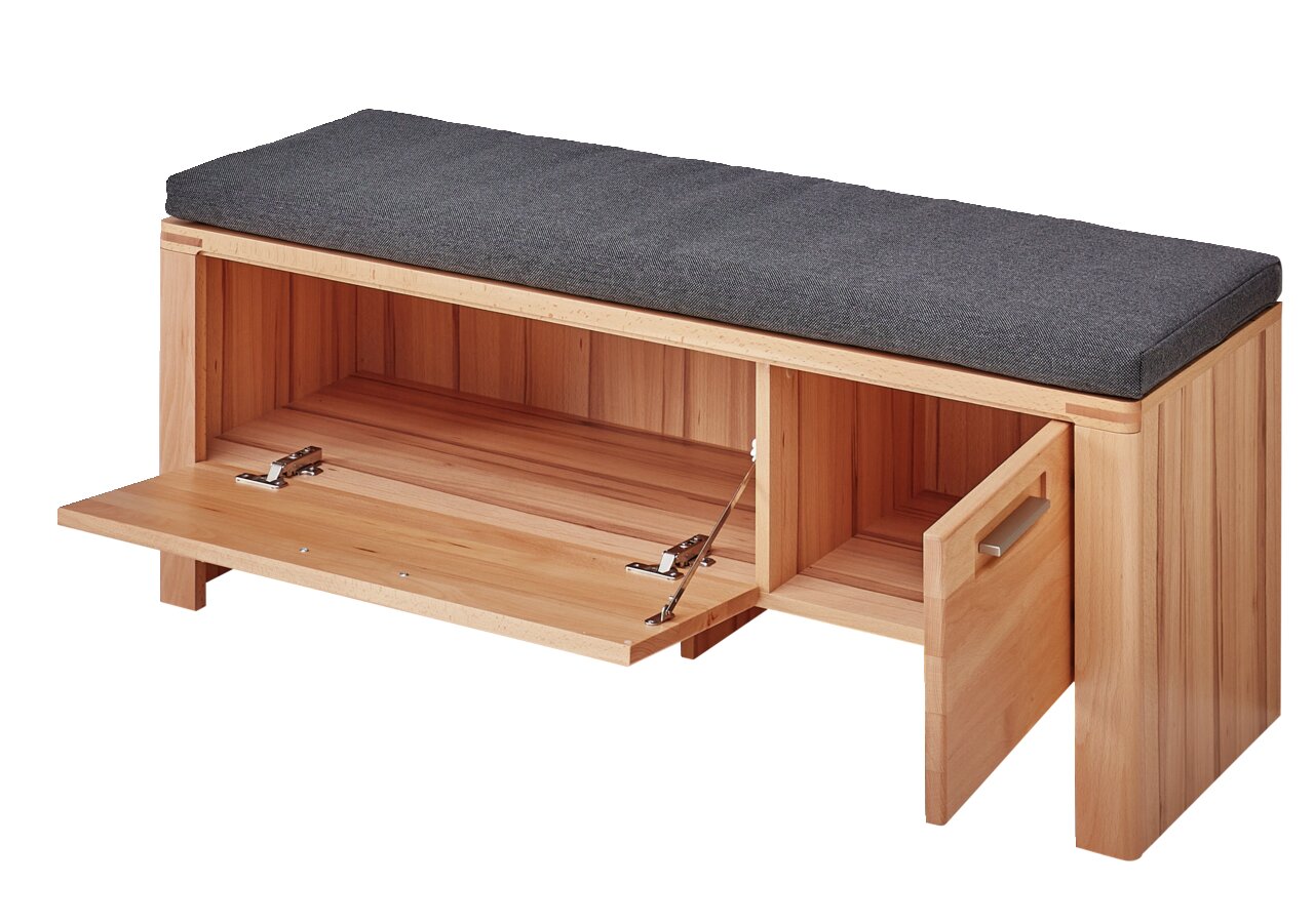 XL-Garderobenbank aus Holz mit grauem Polster, offene Frontansicht mit sichtbarem Stauraum