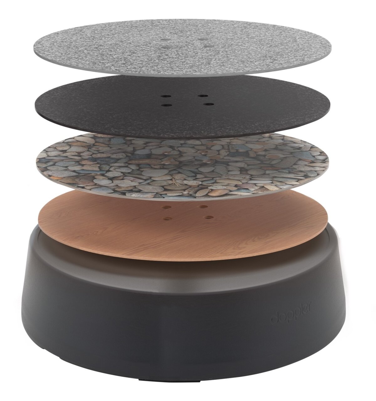 Explosionsansicht eines Rollsockels mit mehreren runden Platten in verschiedenen Materialien, von oben nach unten: graue Steinoptik, schwarze Steinoptik, Kieselsteinoptik, Holzoptik, auf einem stabilen Sockel. Perspektive: seitlich.