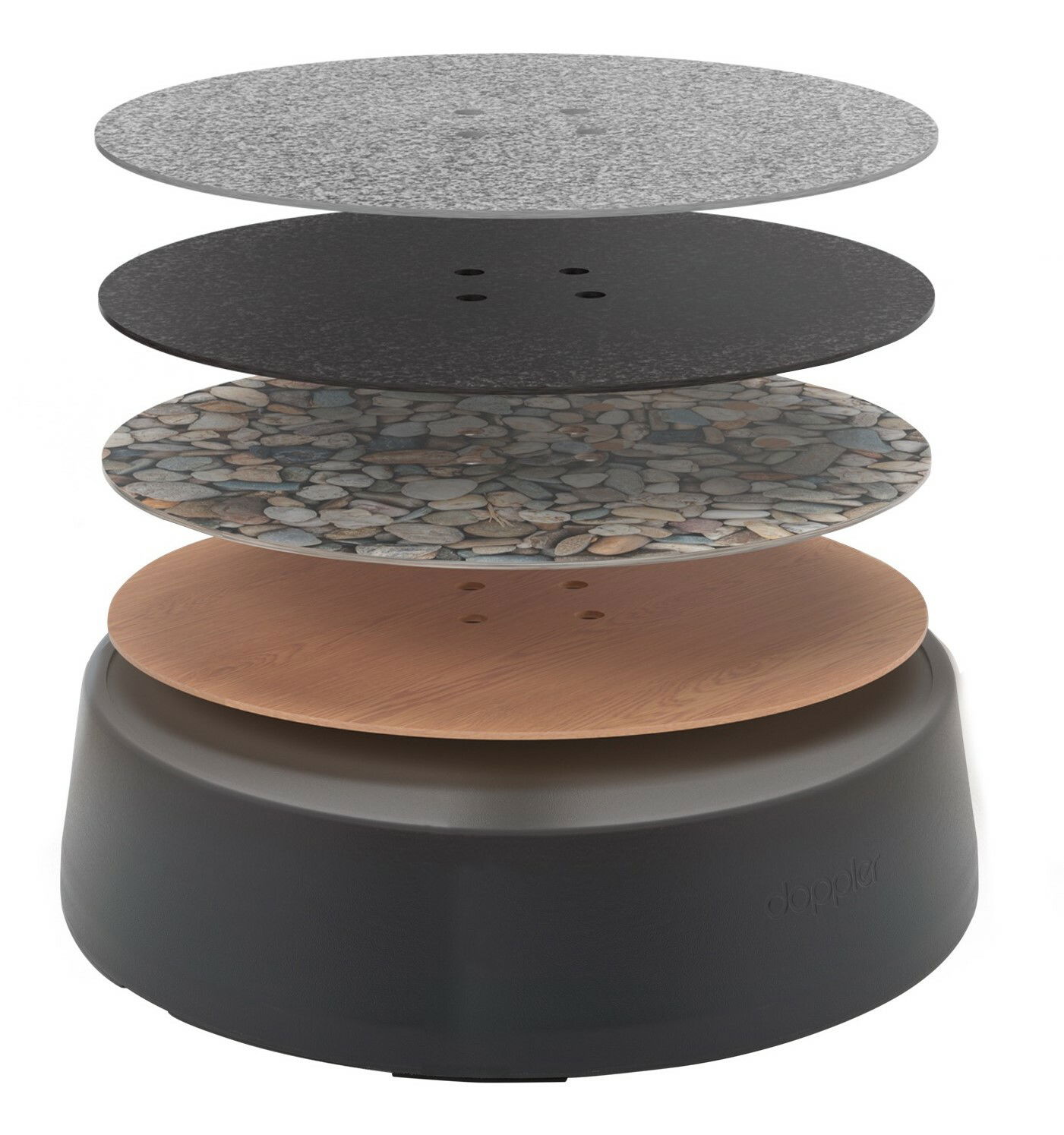 Explosionsansicht eines Rollsockels mit mehreren runden Platten in verschiedenen Materialien, von oben nach unten: graue Steinoptik, schwarze Steinoptik, Kieselsteinoptik, Holzoptik, auf einem stabilen Sockel. Perspektive: seitlich.