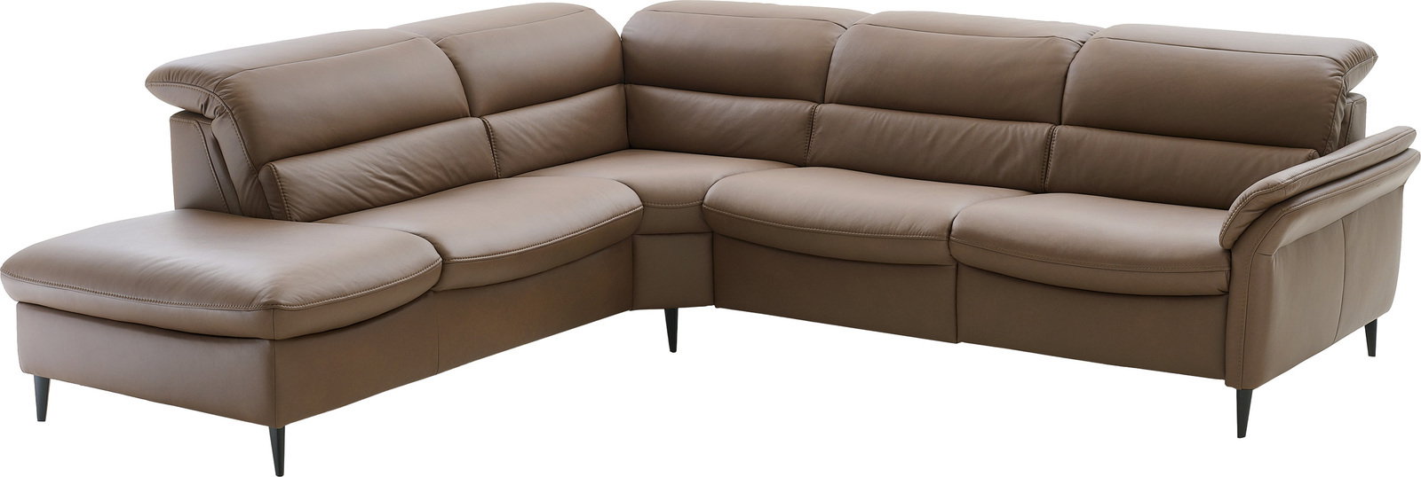 Braune Ledercouch in L-Form mit verstellbaren Kopfstützen, seitliche Perspektive