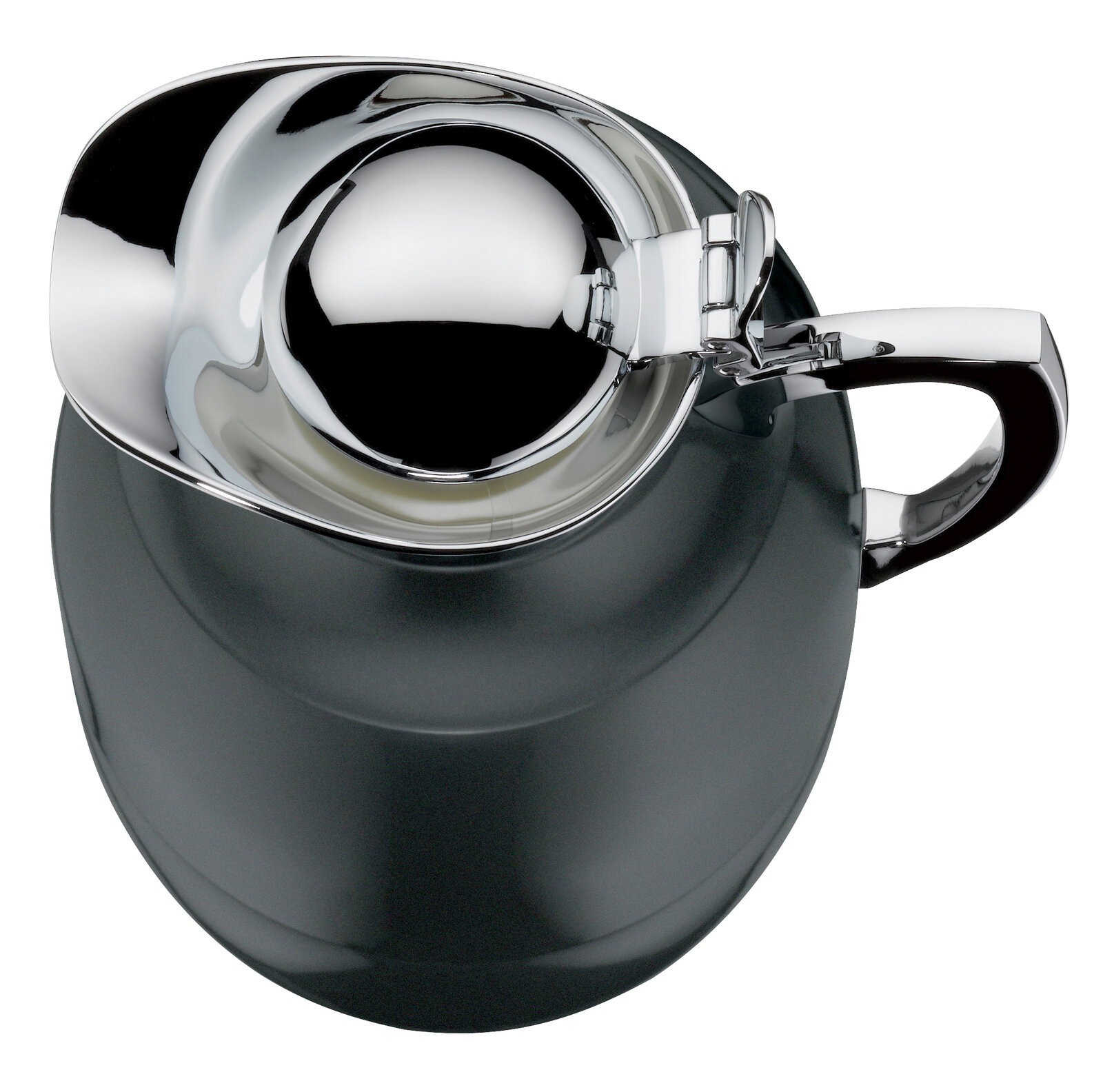 Ansicht von oben auf eine elegante Isolierkanne Juwel mit glänzendem Chromdeckel und Griff.