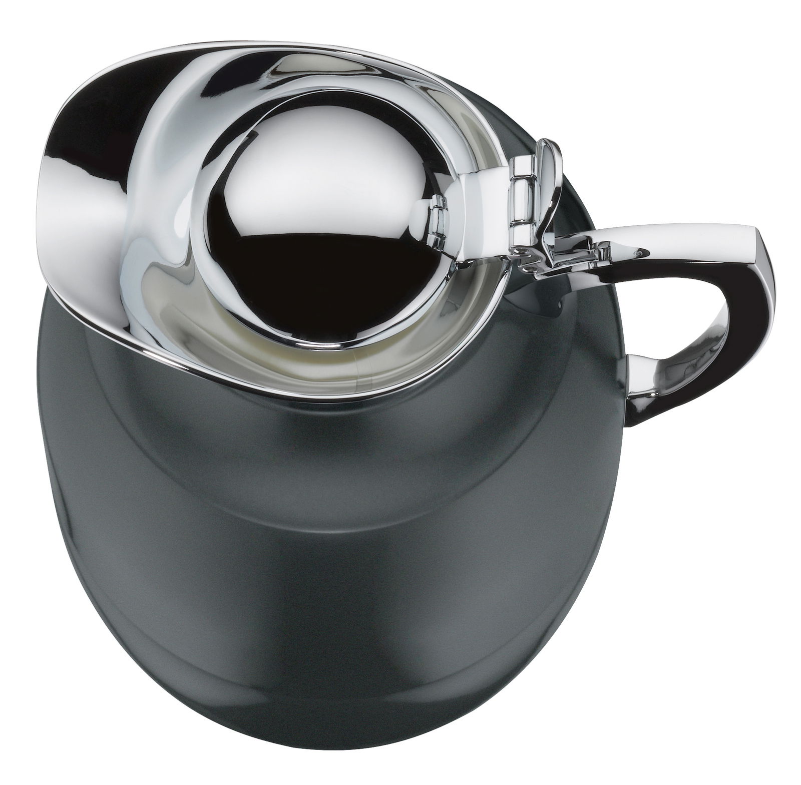 Ansicht von oben auf eine elegante Isolierkanne Juwel mit glänzendem Chromdeckel und Griff.