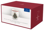 Weihnachtliches Becher-Set mit Henkel, verpackt in einer festlichen Geschenkbox, seitliche Perspektive