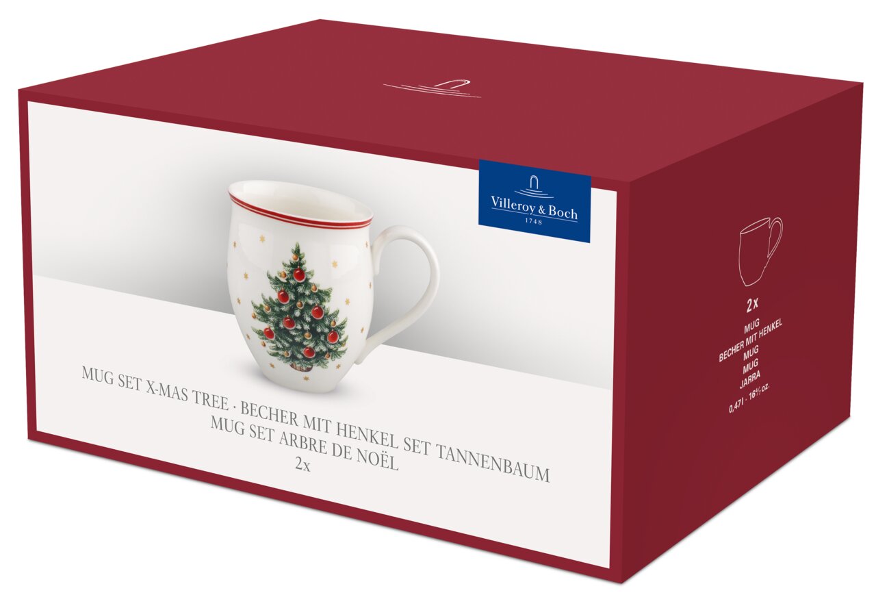 Weihnachtliches Becher-Set mit Henkel, verpackt in einer festlichen Geschenkbox, seitliche Perspektive
