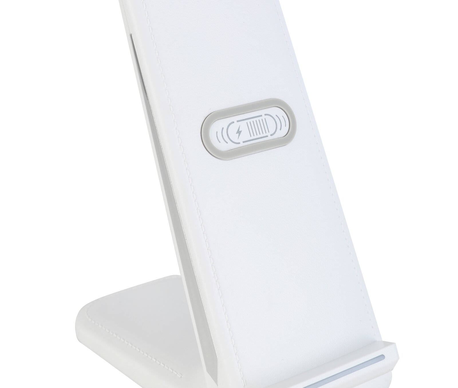 Weiße LED-Schreibtischleuchte mit integriertem kabellosen Ladegerät, seitliche Perspektive