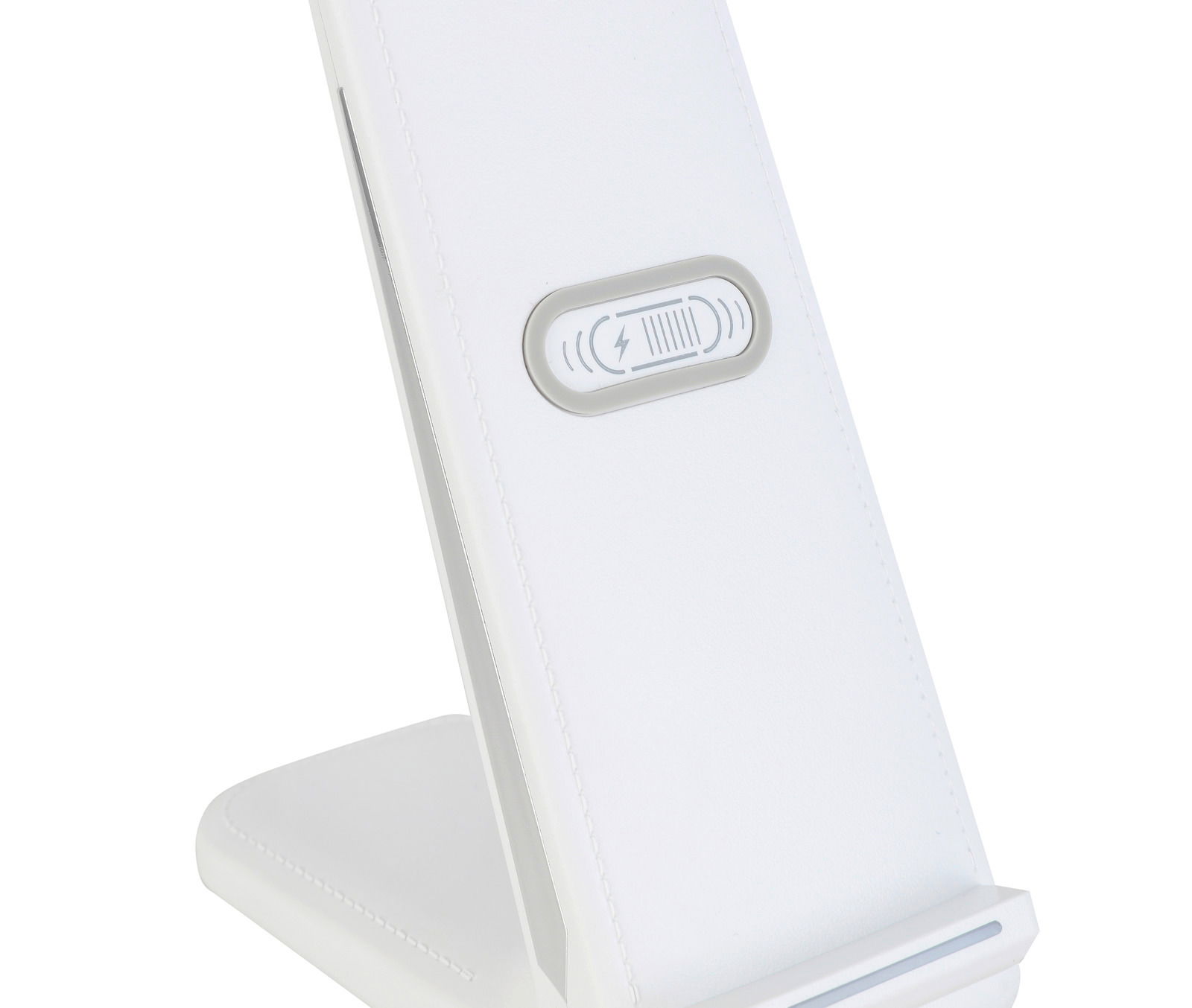 Weiße LED-Schreibtischleuchte mit integriertem kabellosen Ladegerät, seitliche Perspektive